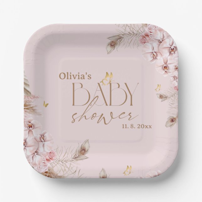 Plato De Papel  Boho Pampas Grass Baby Shower (Anverso)