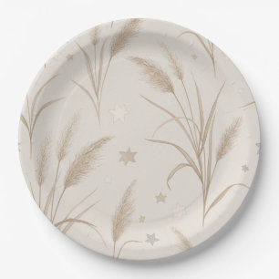 Plato De Papel Boho Pampas Grass Beige Marrón Patrón de Estrellas