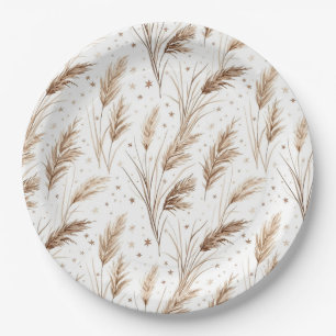 Plato De Papel Boho Pampas Grass Beige Marrón Patrón Estelar (1)