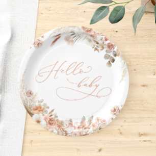 Plato De Papel Boho Pampas Grass Hello Baby Baby Shower