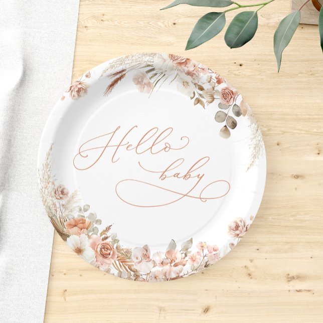 Plato De Papel Boho Pampas Grass Hello Baby Baby Shower (Subido por el creador)