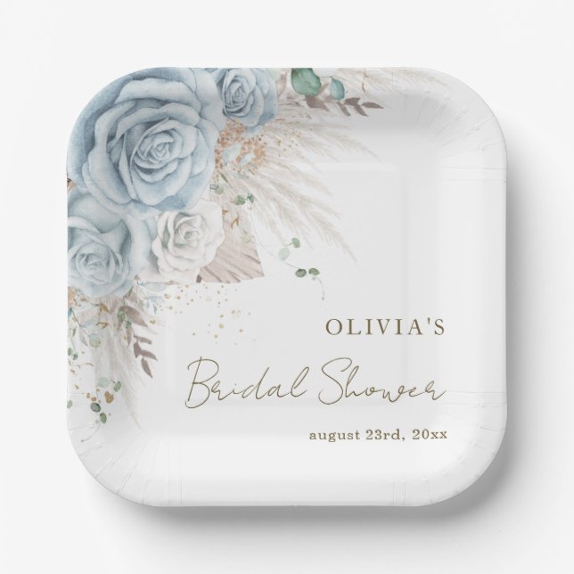Plato De Papel Boho Pampas Grass Pastel Blue Floral Bridal Shower (Anverso)