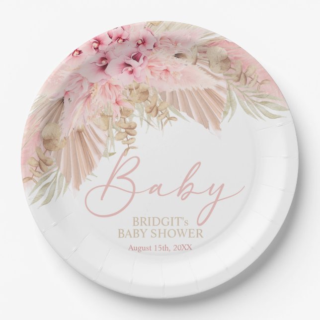 Plato De Papel Boho Pampas Orchids Pink Neutral Baby Shower (Anverso)