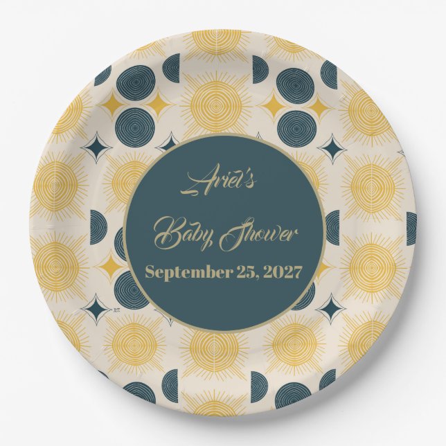 Plato De Papel Boho Personalizado Sun Moon Stars Blue Yellow (Anverso)