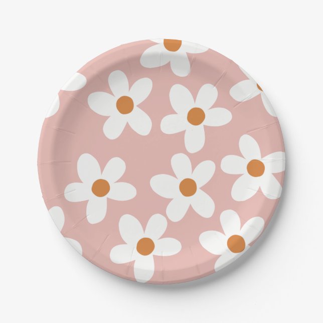 Plato De Papel Boho Pink Daisy Cumpleaños (Anverso)