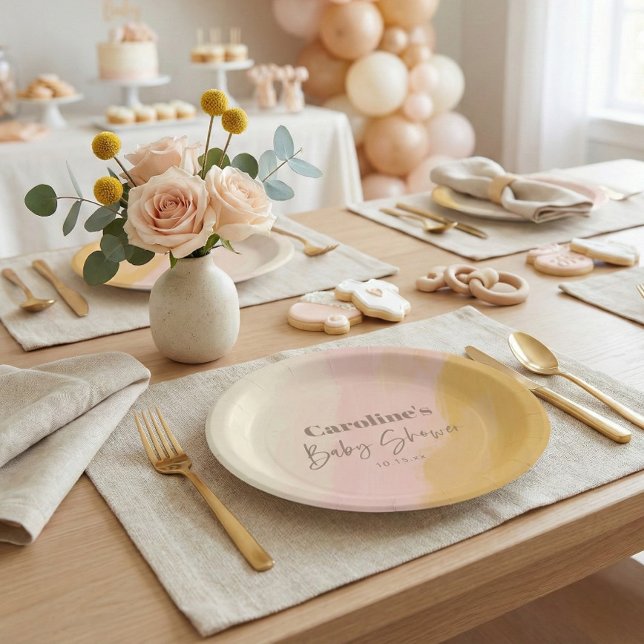 Plato De Papel Boho Pink Yellow Script Custom Baby Shower   (Subido por el creador)