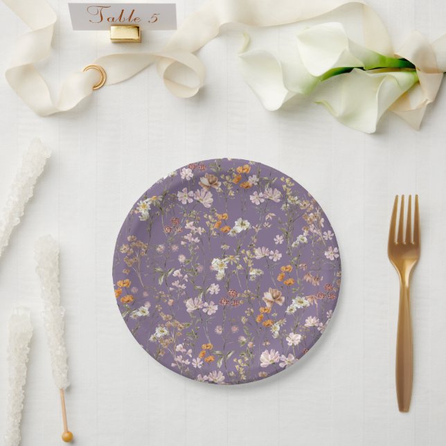 Plato De Papel Boho Purple Wildflower Boda En Bloom Garden (Boda)