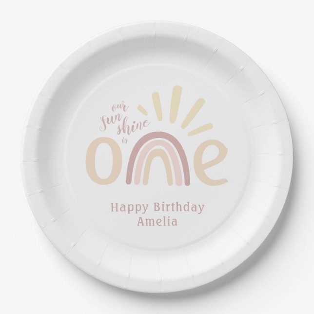 Plato De Papel Boho Rainbow and Sunshine 1er Cumpleaños Paper Pla (Anverso)