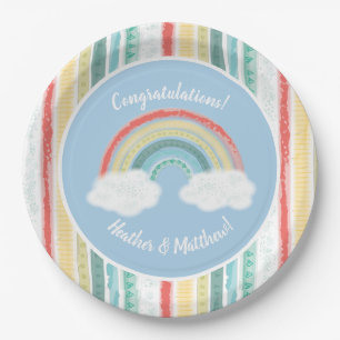Plato De Papel Boho Rainbow Baby Shower Blue Boy