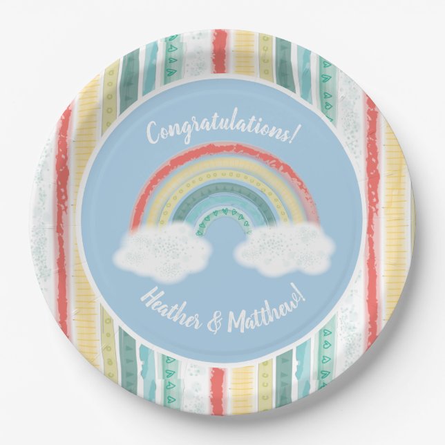 Plato De Papel Boho Rainbow Baby Shower Blue Boy (Anverso)