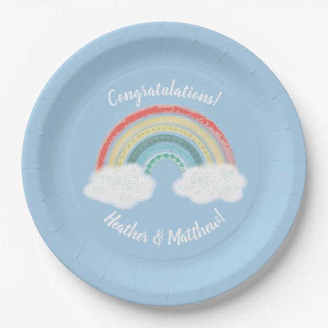 Plato De Papel Boho Rainbow Baby Shower Blue Boy (Anverso)