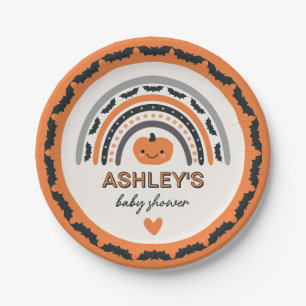 Plato De Papel Boho Rainbow Bats Naranja Halloween Baby Shower