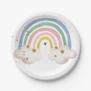 Plato De Papel Boho Rainbow Birthday Pastel Moderno Baby Shower