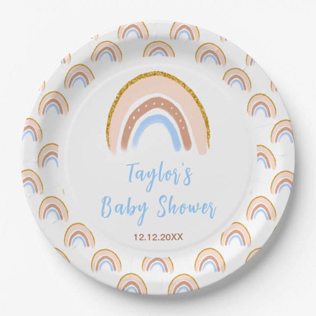 Plato De Papel Boho Rainbow Blue Baby Shower (Anverso)