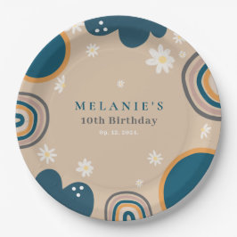 Plato De Papel Boho Rainbow Daisy Beige Cumpleaños