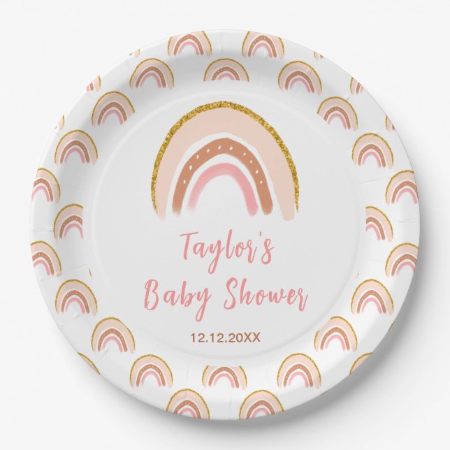 Plato De Papel Boho Rainbow Pink Baby Shower (Anverso)
