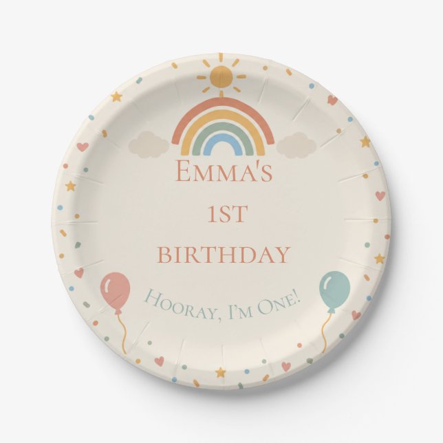 Plato De Papel Boho Rainbow Primer Cumpleaños (Anverso)