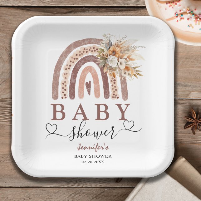 Plato De Papel Boho Rainbow | Sexo Neutral Brown Baby Shower (Subido por el creador)