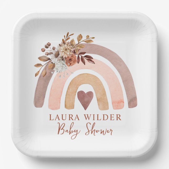 Plato De Papel Boho Rainbow Terracotta Brown Rust Baby Shower (Anverso)