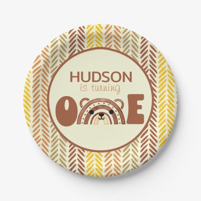 Plato De Papel Boho Rainbow Woodland primer cumpleaños (Anverso)