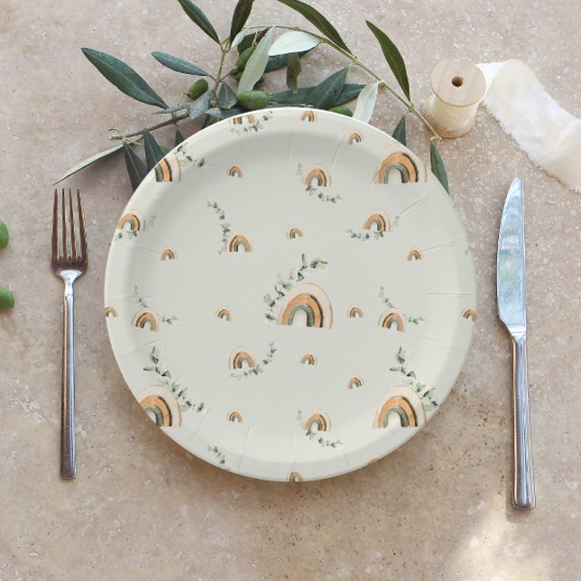 Plato De Papel Boho rainbows eucalyptus vivero ducha de bebé (Subido por el creador)