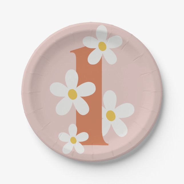 Plato De Papel Boho Retro Daisy 1er cumpleaños de Groovy (Anverso)