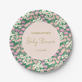Plato De Papel Boho Retro Pink Sage Floral Baby Shower