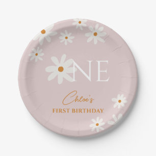 Plato De Papel Boho Retro Rubor Pink Daisy Chica Primer cumpleaño