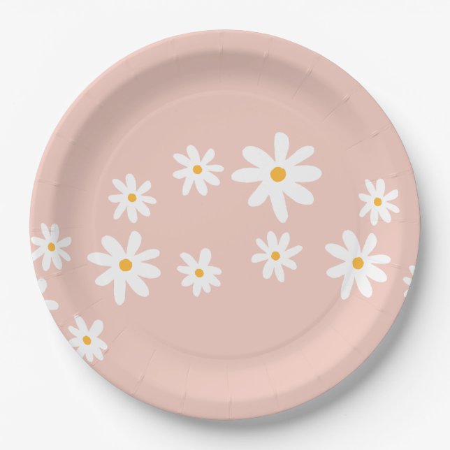 Plato De Papel Boho Retro Rubor Pink Daisy Floral (Anverso)
