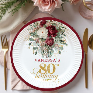Plato De Papel Boho Rojo Intenso Floral Dorado Papel de Cumpleaño