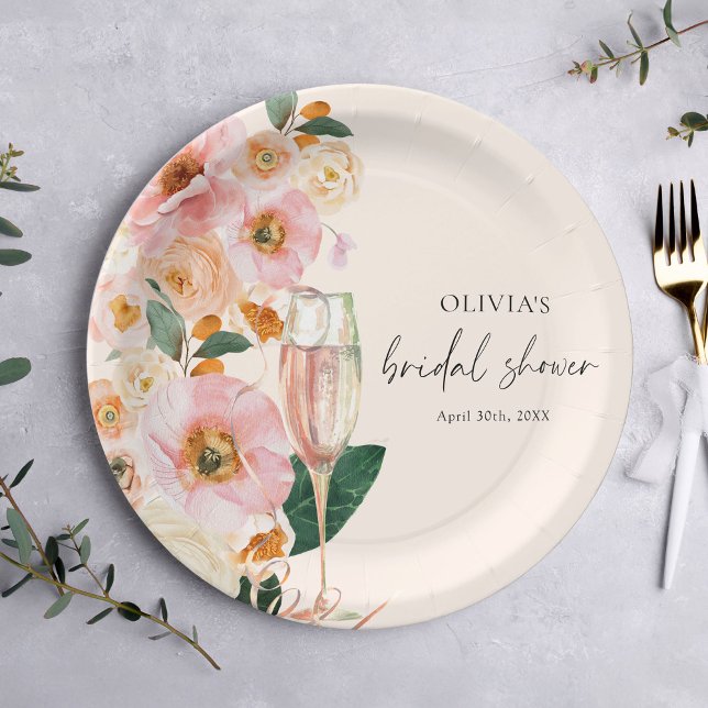 Plato De Papel Boho Rosa Floral Champán Despedida de Soltera (Subido por el creador)