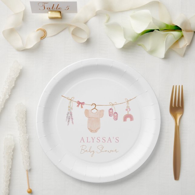 Plato De Papel Boho Rubor Pink Baby Clothes Chica Baby Shower (Boda)