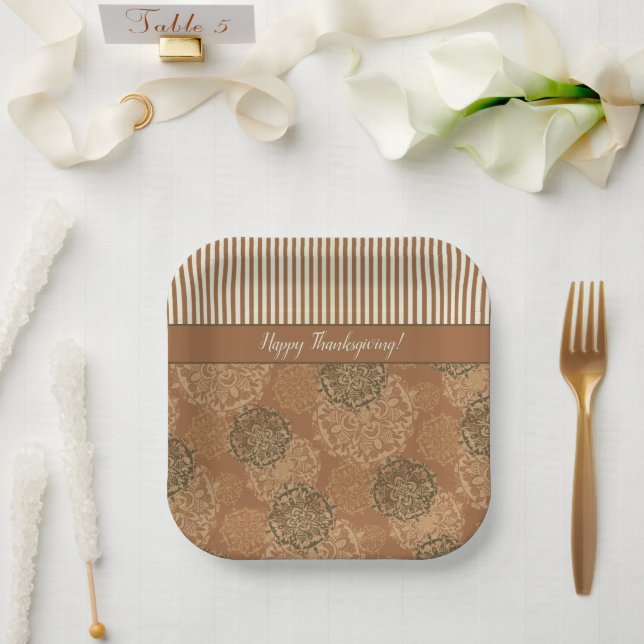 Plato De Papel Boho Rust Naranja Mandalas y Stripes (Boda)