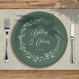 Plato De Papel Boho Rústico Boda floral de flor verde oscuro