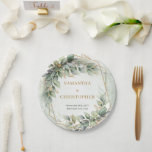 Plato De Papel Boho sage eucalipto deja boda purpurina de oro<br><div class="desc">La colección de papelería Boho Greenery Foliage Gold Geometric Frame boda es una opción sofisticada y elegante para las parejas que buscan añadir un toque de encanto natural a su día especial. La combinación de exuberante vegetación, delicado follaje y brillantes acentos dorados crea una estética moderna y atemporal perfecta para...</div>