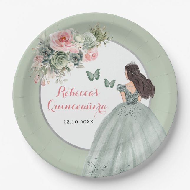 Plato De Papel Boho Sage Green Vress Princesa Chica Dulce 16 Años (Anverso)