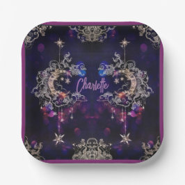 Plato De Papel Boho Stars & Moon Purple Add Name Cumpleaños