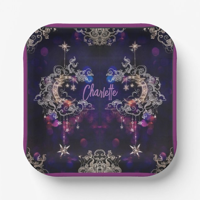 Plato De Papel Boho Stars & Moon Purple Add Name Cumpleaños (Anverso)