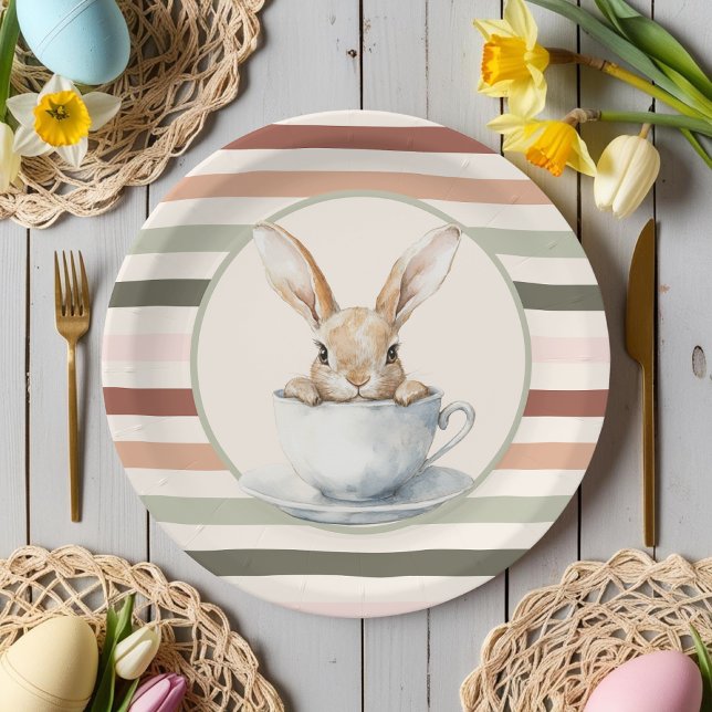 Plato De Papel Boho Stripes & Bunny Easter (Boho Stripes & Bunny Easter Paper Plates)