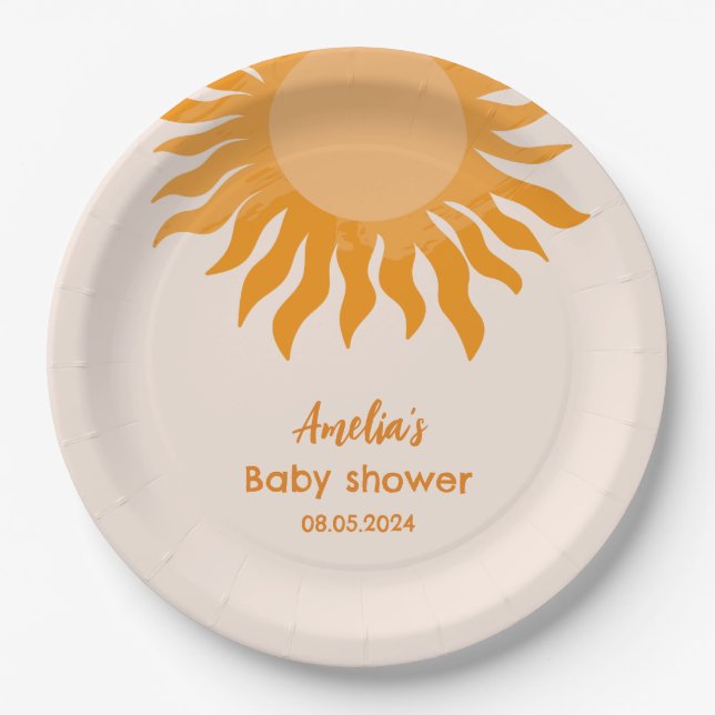 Plato De Papel Boho Sunshine Baby Shower Yellow Sun (Anverso)