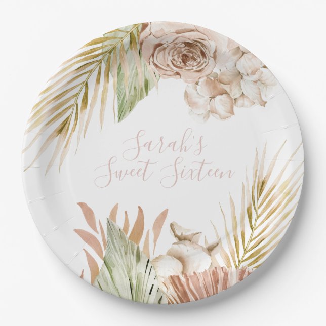Plato De Papel Boho Sweet 16 Birthday Dried Flowers (Anverso)