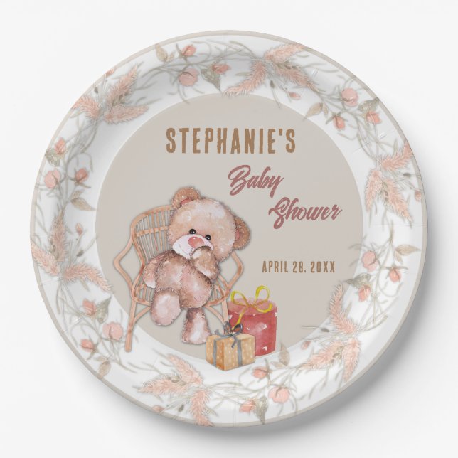 Plato De Papel Boho Teddy Bear Baby Shower (Anverso)