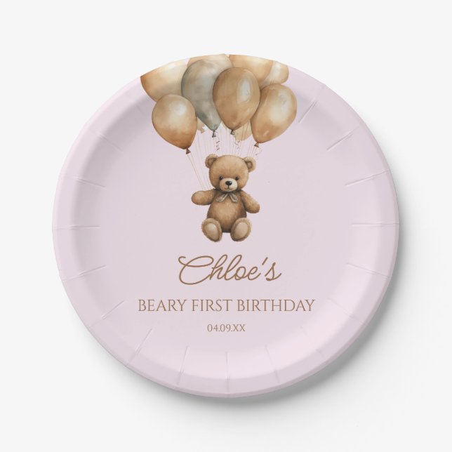 Plato De Papel Boho Teddy Bear Beary First Birday Party (Anverso)