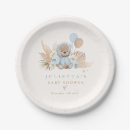 Plato De Papel Boho Teddy Bear Blue Bearly Wait Baby Shower
