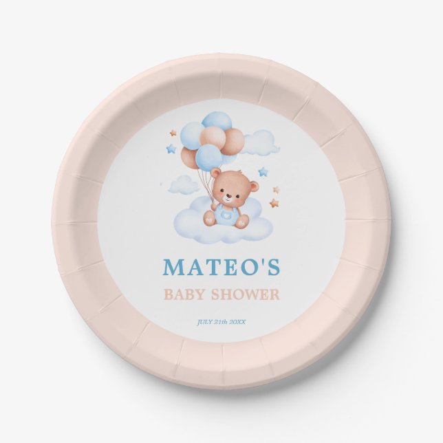 Plato De Papel Boho Teddy Bear Blue Tan Bearly Wait Baby Shower (Anverso)