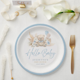 Plato De Papel Boho Teddy Bear Boy Blue Bearly Wait Baby Shower