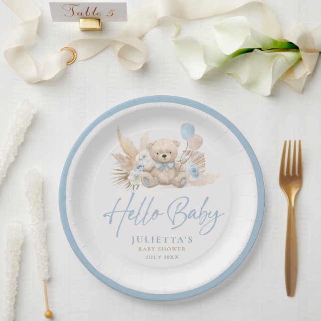 Plato De Papel Boho Teddy Bear Boy Blue Bearly Wait Baby Shower (Boda)