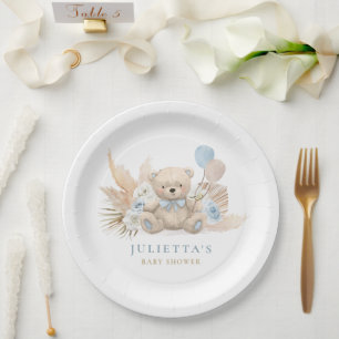 Plato De Papel Boho Teddy Bear Boy Blue Bearly Wait Baby Shower