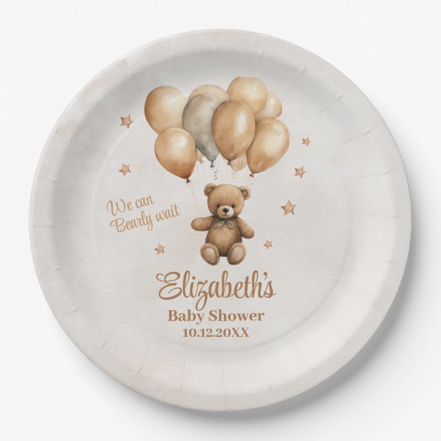 Plato De Papel Boho Teddy Bear con Globos Baby Shower (Anverso)