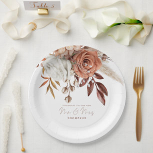 Plato De Papel Boho Terracotta Florals Felicitaciones Sr. Sra. Bo